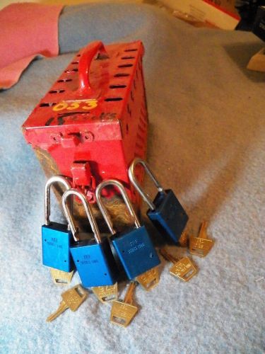 Lot 0f 4 American Padlocks Series 1105 with 8 keys and a Lock Box