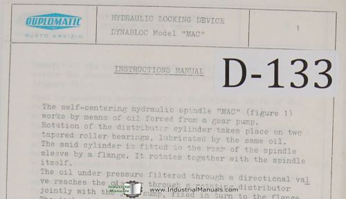Duplomatic DynaBloc, Hydraulic Locking Device, Operator Instruction Manual