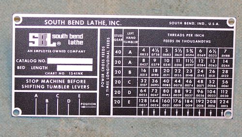 1  NEW  REPRODUCTION 9&#034; 10K SOUTH BEND LATHE QUICK CHANGE GEAR BOX CHART 1