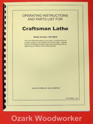 Craftsman-dunlap 6&#034; metal lathe 109.20630 instructions &amp; parts manual 0192 for sale