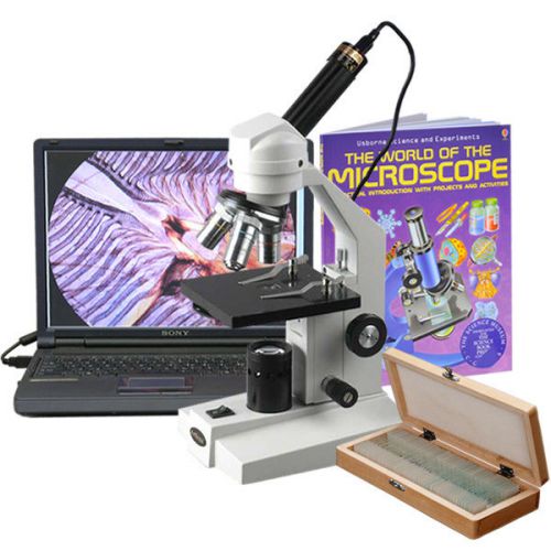 40X-1000X Sturdy Metal Body Student Microscope + USB Camera, 50 Slide Set &amp; Book