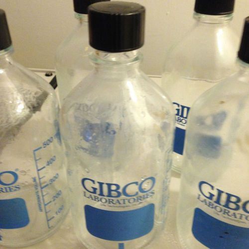 Lot of 6 gibco glass lab bottle 500 ml reagent media storage w/ screw top for sale