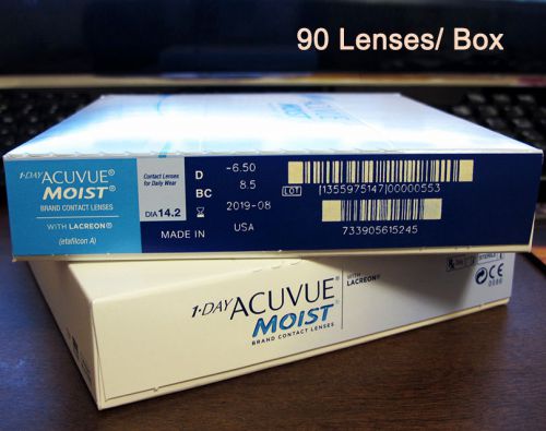 1 day acuvue moist contacts lenses dia 14.2, d -6.5, bc 8.5 (90 lenses per box) for sale