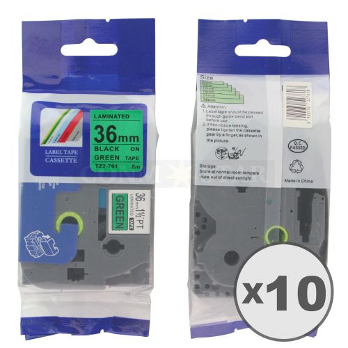 10pk Black on Green Tape Label for Brother P-Touch TZ TZe 761 36mm 1 1/2&#034; 26.2ft