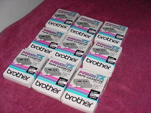 LOT OF 9 TX-2211 BROTHER P-TOUCH TX CASSETTE TAPES, BLACK ON WHITE 50 FT.