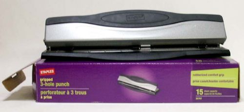 Staples Gripped 3-Hole Punch - 15 Sheet Capacity - Rubberized Comfort Grip - NIB