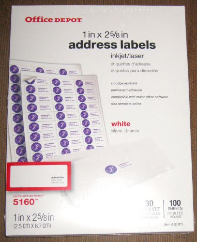 Office Depot Labels 1&#034; x 2-5/8&#034; 3000 Labels (5160) 30 per sheet Free Shipping