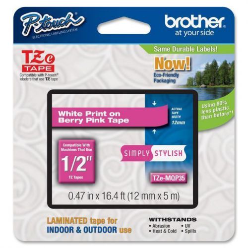 Brother P-Touch TZeMQP35 Label Tape 1/2&#034; x 16.4 &#039; White Print Berry Pink Tape