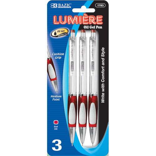 BAZIC Lumiere Red Retractable Oil Gel Ink Pen w/ Grip (3/Pack), Case of 24