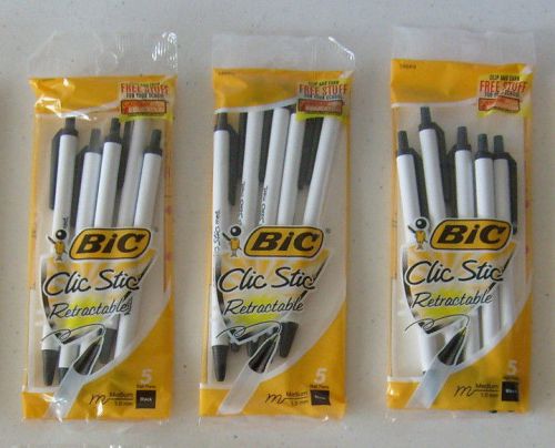 LOT 3 Bic Clic Stic Retractable Pens - 5 pack EACH - Black - TOTAL 15 PENS ?