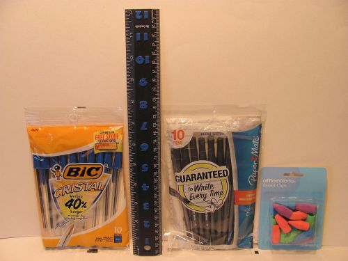 Ruler, 1 pack Bic Ink Pens, 1 pack Paper Mate Black Pens, 1 pack of Erasers #12