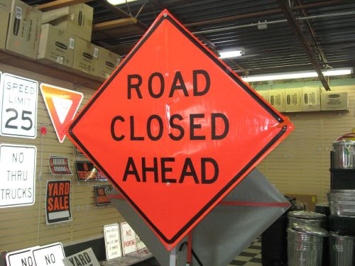 Road Closed Ahead Fluorescent Vinyl With Ribs Road Sign 48&#034; X 48&#034;