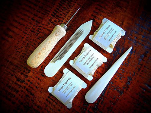 Bookbinding supplies bookbinders kit - bone folders, awl, needles and 3 threads for sale