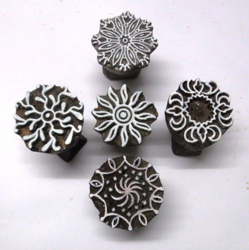 LOT OF 5 WOODEN HAND CARVED TEXTILE PRINTING FABRIC BLOCK STAMP ROUND PATTERN