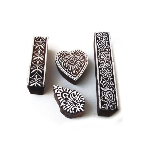 Indian Handcarved Floral Pattern Wooden Printing Tags (Set of 4)