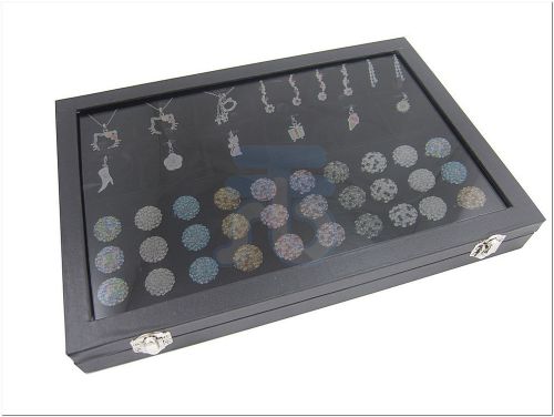 Black Glass Top Lid 12 Velvet Pad Pendants Charms Rings Jewelry Display Case Box