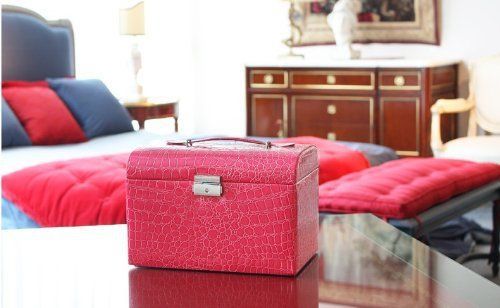 Hot sale!!! vogue dark pink leatherette jewelry case storage box watch box cosme for sale
