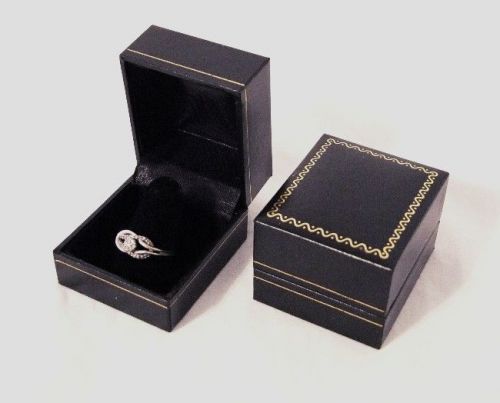 Lot of 6 black leatherette finger ring boxes with gold trim for sale