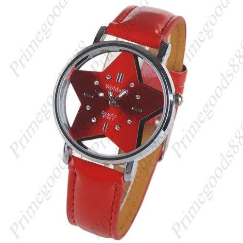 Star Round Synthetic Leather Wrist Quartz Lady Ladies Wristwatch Women&#039;s Red