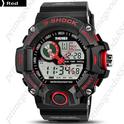 2 Time Zone 50 M Water Proof Analog Digital Date LED Wristwatch Men&#039;s Red