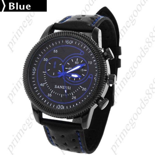 PU Leather Round Case Quartz Wrist Men&#039;s Free Shipping Wristwatch Black on Blue