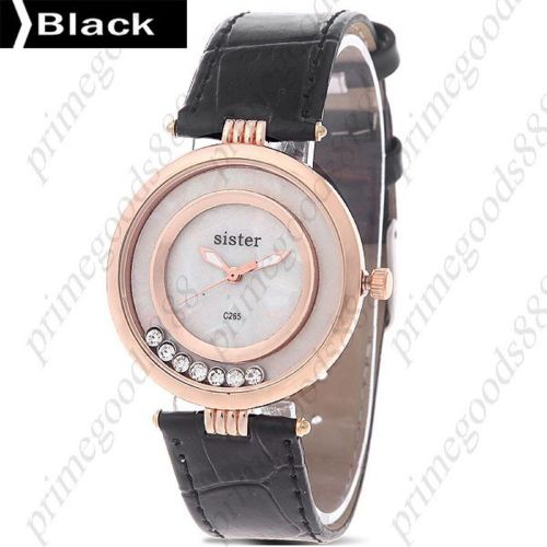 Round Loose Rhinestones PU Leather Lady Ladies Quartz Wristwatch Women&#039;s Black
