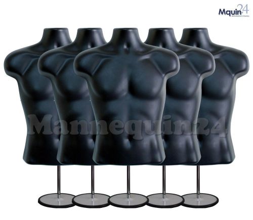 5 Black MALE TORSO MANNEQUIN FORMS w/5 STANDS +5 Hanging Hooks Man&#039;s Clothings