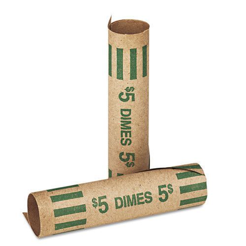 Preformed Kraft Paper Tubular Coin Wrappers, Holds 50 Dimes, Green, 1000/Box