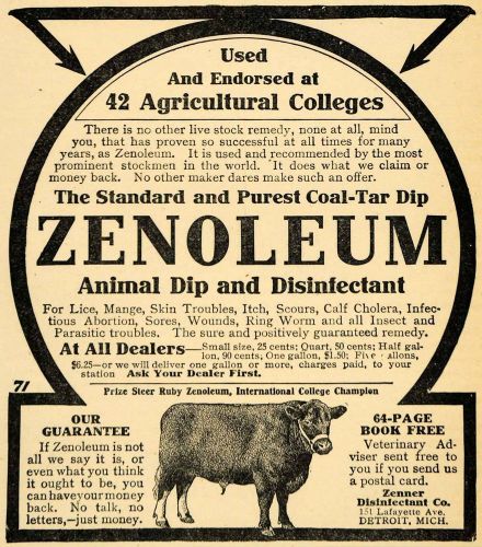 1907 Ad Zenoleum Cow Coal Tar Dip Disinfectant Zenner - ORIGINAL ADVERTISING CG1