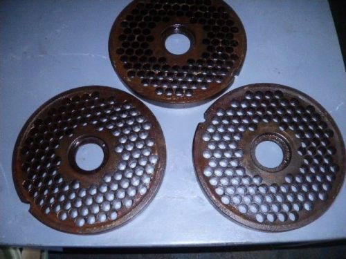 Set of 3 speco meat grinder plate superior, 8 1/2&#034; in diam., meat holes 1/2&#034; w for sale