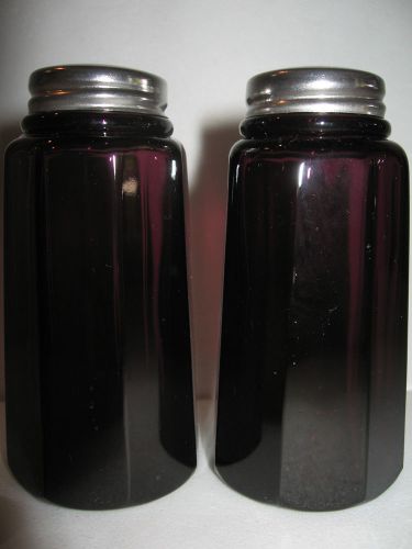 pair of purple amethyst glass salt and pepper shakers set castor art deco black