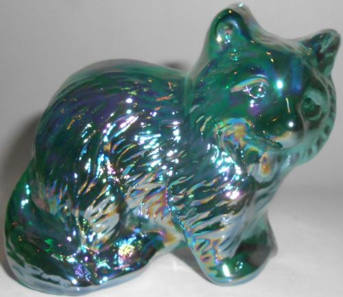 Green carnival glass Racoon paperweight iridescent art figurine blue animal art