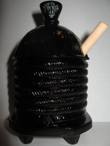 Black Amethyst glass serving honey pot bee hive pattern jar dish Purple w dipper