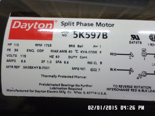 Dayton Electric Split Phase Motor Model 5K597b HP 1/2