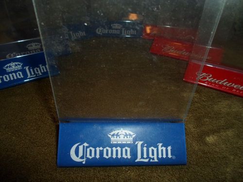 (10). 7 Corona Light,3 Budweiser,red&amp;blue,plastic,table menu/info, holders