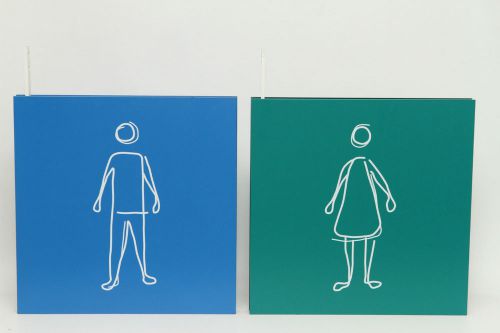 Restroom Signs Unique Sketch of Stick Man and Woman 16x16 Blue &amp; Green Rare