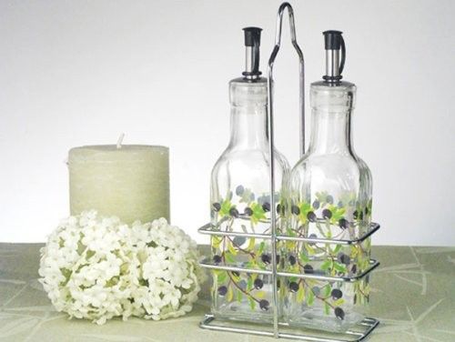 Europa Collection Glass Large Oil And Vinegar Set Olives Design With Rack - NEW