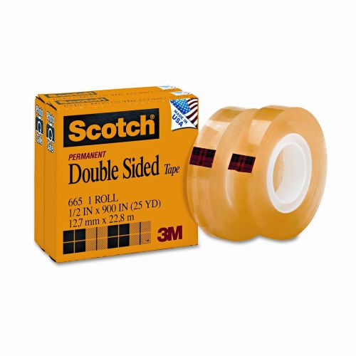 3M 665 Double-Sided Office Tape, 1/2&#034; x 25 Yards, 1&#034; Core, Clear, Two/Box