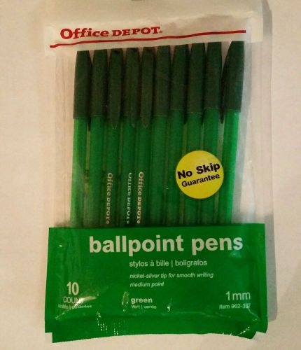 10/pk Office Depot Ballpoint Pens- Green Ink- 1.0mm