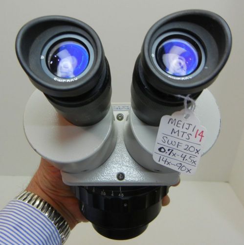 MEIJI TECHNO MTS Zoom Stereo Microscope Max Mag 90X Meiji SWF20X READY TO GO #14