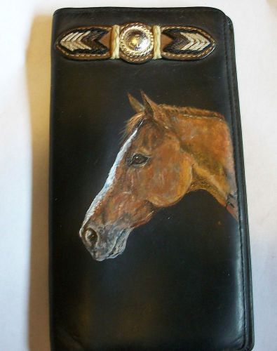 Hand Painted Horse Black leather wallet checkbook