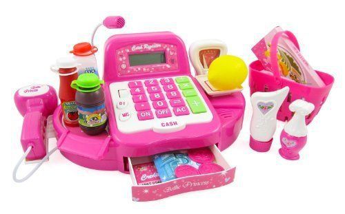 Pink Supermarket Cash Register with Turntable, Barcode Scanner, Weight Scale,