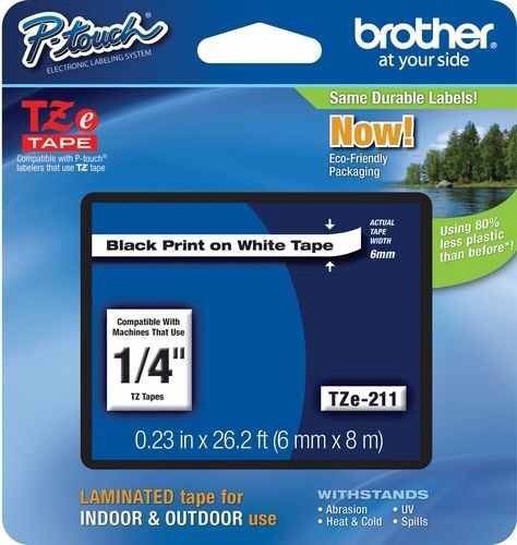 Brother P-touch Labels for PT-D200, PTD200, TZ211, tze-211, 1/4&#034; Black on White
