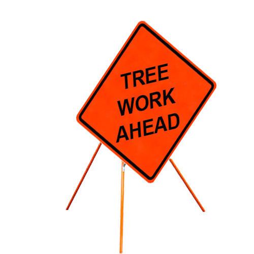 Tree Work Ahead 36&#034; X 36&#034; Vinyl Fluorescent Roll Up Sign And Tripod Stand