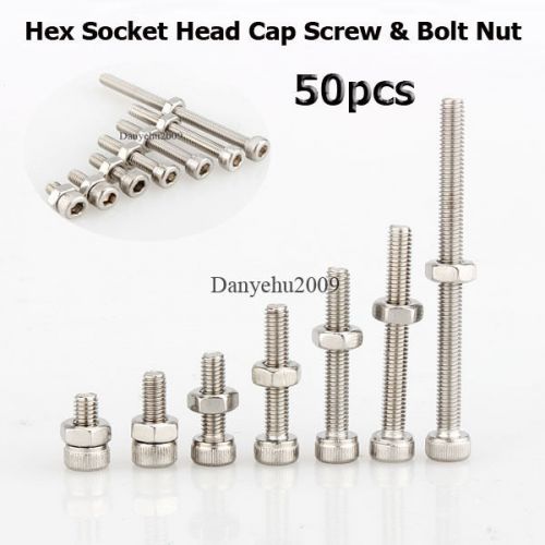 50pcs Stainless Steel Metric Thread M3 304 Hex Socket Head Cap Screw &amp; Bolt Nut