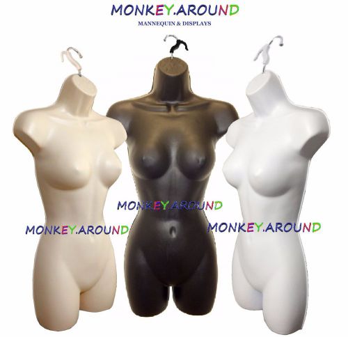 3 FEMALE MANNEQUIN 3/4 DRESS BODY TORSO FORMS +3 HANGERS DISPLAY WOMEN CLOTHING