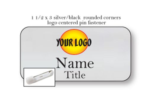 100 SILVER LOGO CENTERED NAME BADGE TAG 2 LINES OF IMPRINT PIN FASTENER
