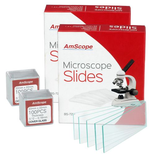 Amscope 144 pre-cleaned blank microscope slides &amp; 200 22x22mm square cover glass for sale