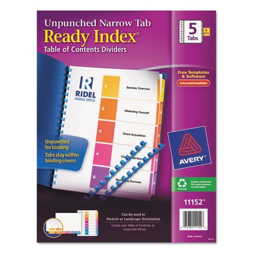 Ready Index TOC Unpunched Dividers with Narrow Tabs, Multicolor, 5-Tab, Letter