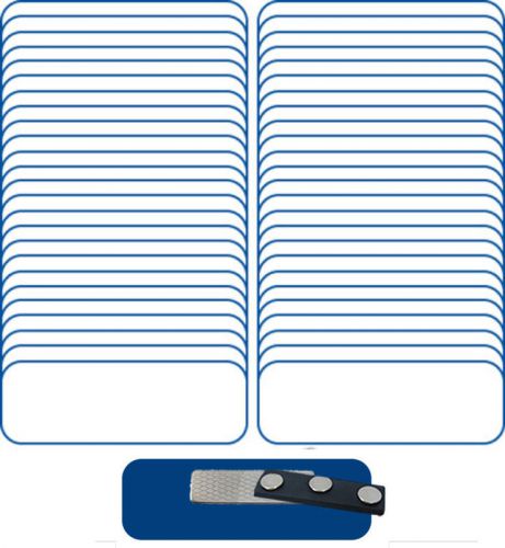 100 BLANK 1 X 3 WHITE / BLUE NAME BADGE KIT (U) 1/4&#034; CORNERS MAGNETS LABELS